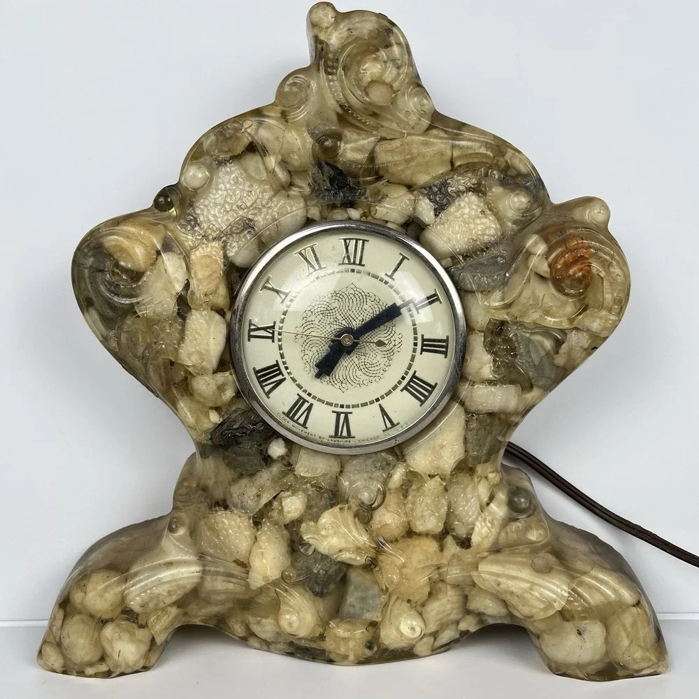 Vtg MCM Lanshire‎ Resin Embossed Rock Vomit Mantle Clock WORKS - FLAWS - AS IS